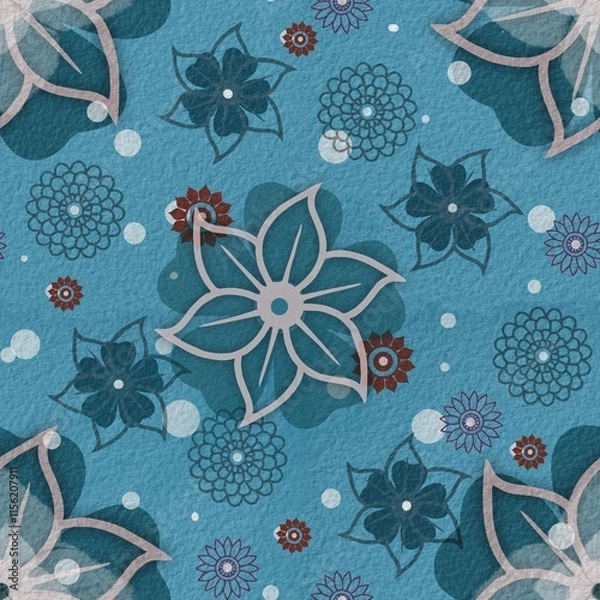 Fototapeta Large Scale Floral Motif in Chocolate Brown and Teal Repeating Pattern