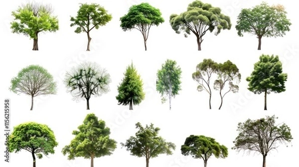 Obraz Collection of various trees isolated on white background. Lush green foliage