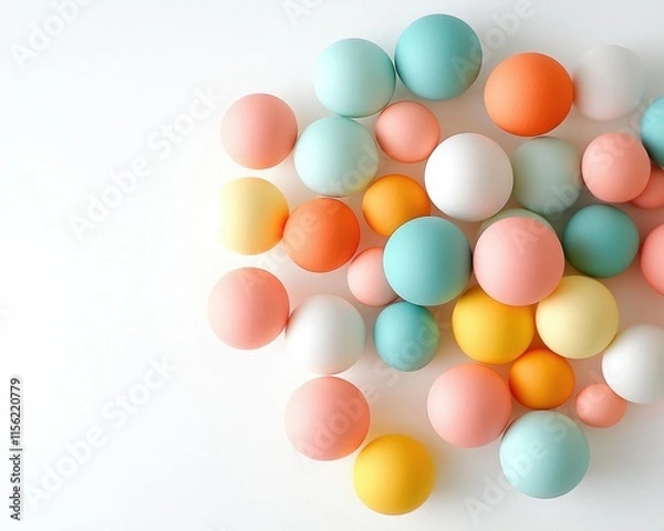 Fototapeta A colorful assortment of round balls in various pastel shades scattered on a white surface.