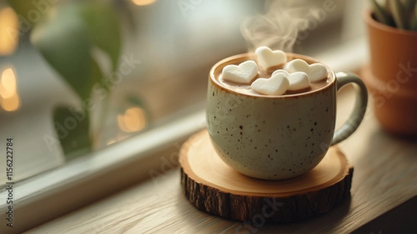 Fototapeta 窓辺で楽しむハート型マシュマロ入りホットチョコレート