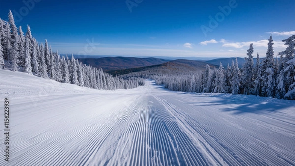 Fototapeta スキーのトラックが描く静寂の雪景色