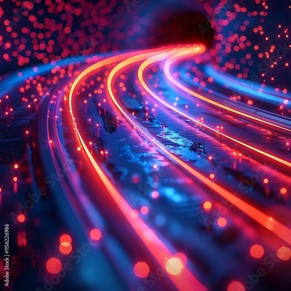 Fototapeta Abstract glowing red and blue lines curving through dark space, resembling a futuristic highway or network.