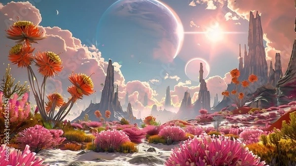 Fototapeta Alien planet landscape with vibrant flora, towering rock formations, and two celestial bodies in the sky.