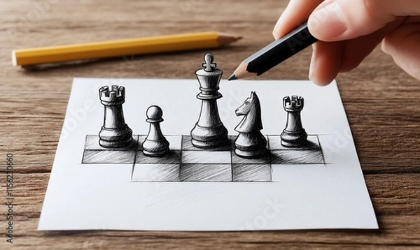 Fototapeta Hand drawing a chess scene on paper with pencil.