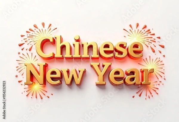 Obraz 'Chinese New Year' 3D text featuring gold with festive fireworks illustrated around the text isolated on a white background