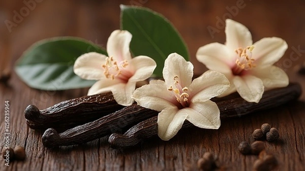 Fototapeta Vanilla Beans and Blossoms Resting on Dark Wood