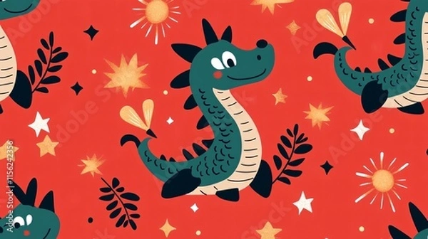 Fototapeta Festive Seamless Pattern with Dragons, Firecrackers, and Gold Stars on Red