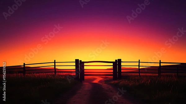 Obraz dramatic ranch gate silhouetted against fiery orange sunset, creating serene and captivating scene