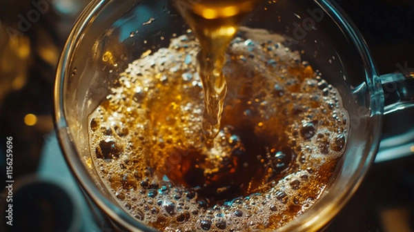 Obraz Refreshing beverage being poured into a glass with frothy bubbles rising. 