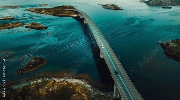 Obraz Aerial view Saltstraumen bridge in Norway road above sea connecting islands top down scenery transportation infrastructure famous landmarks scandinavian landscape