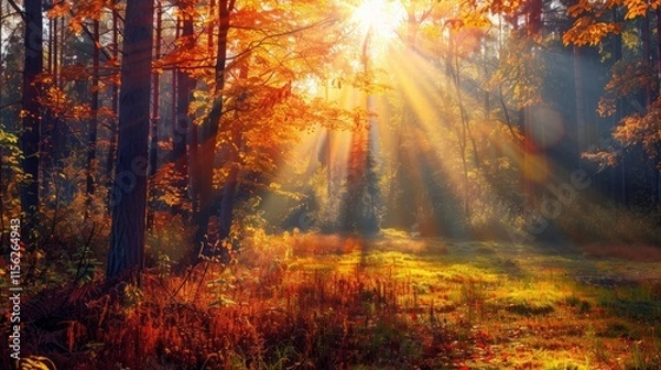Obraz Autumn forest landscape. Colorful foliage on trees and grass shining on sunbeams. Amazing woodland. Scenery fall.