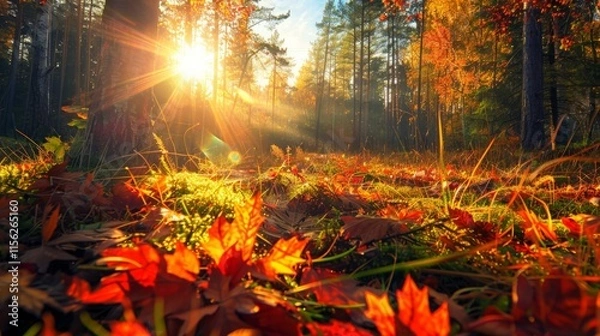 Obraz Autumn forest landscape. Colorful foliage on trees and grass shining on sunbeams. Amazing woodland. Scenery fall.