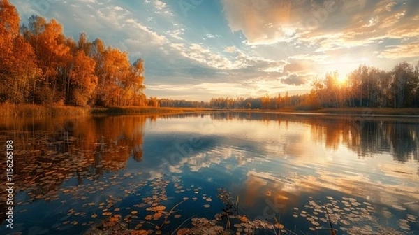 Obraz Autumn landscape on the lake at sunset time.