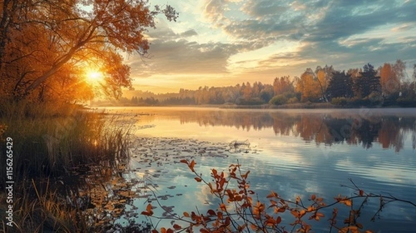 Obraz Autumn landscape on the lake at sunset time.
