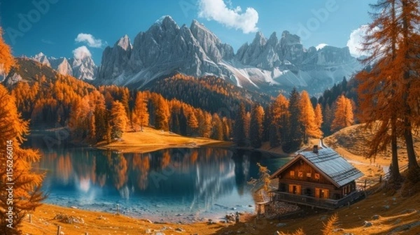 Obraz Awesome sunny autumn day in the dolomites, south tyrol, italy, at mountain lake surrounded by orange