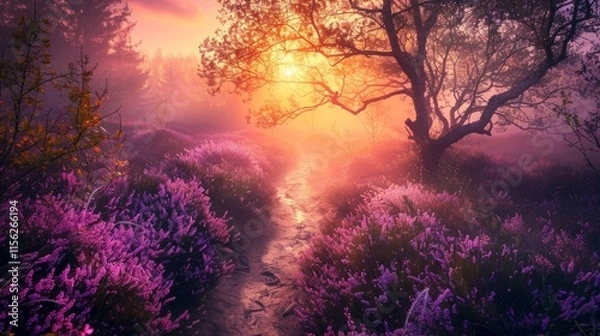 Obraz A path through blooming heather at sunrise at the Posbank, The Netherlands