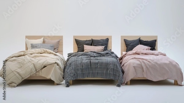 Obraz Three beds with different bedding styles.