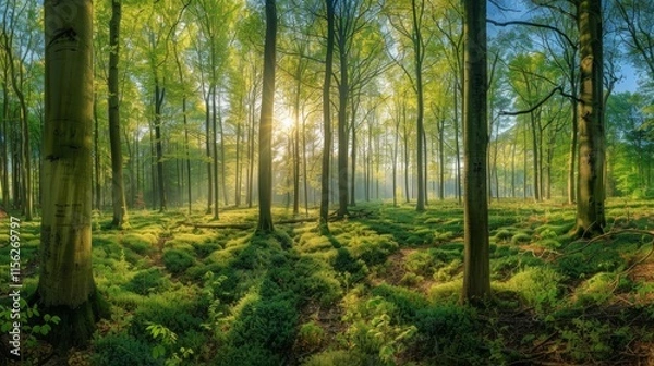 Obraz Beautiful forest panorama in spring with bright sun shining through the trees