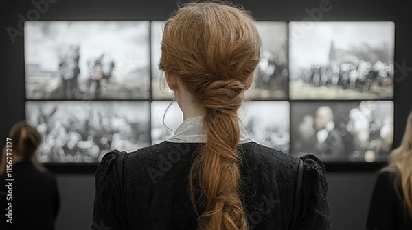 Obraz Rear View of a Woman with Red Hair in an Art Gallery, Engaging with Historical Photographs on the Wall, Evoking Reflection and Contemplation in a Thoughtful Environment