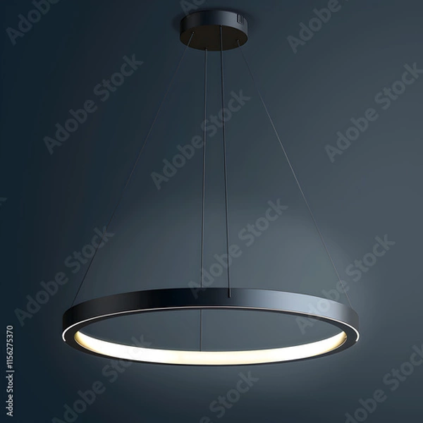 Fototapeta A large scale circular pendant light, resembling a fluorescent lamp, is suspended from the ceiling in a dimly lit room, casting tints and shades across the liquidlike surface below