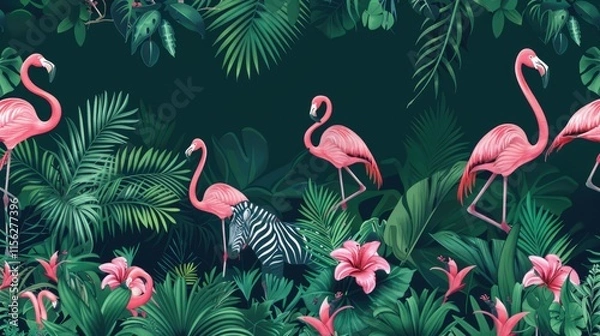 Fototapeta Tropical Paradise: Flamingos and Lush Greenery