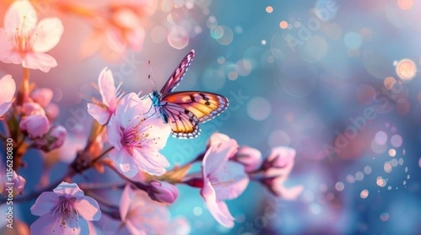 Obraz Branch of flowering cherry tree with butterfly on blue and pink spring light background. Spring Banner with copy space.