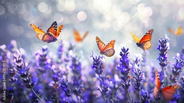 Obraz Colorful butterflies in lavender field.