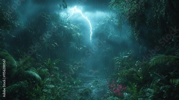 Fototapeta Lush rainforest path during stormy night, lightning illuminates path. Perfect for adventure, thriller, or nature documentaries needing a dramatic setting.
