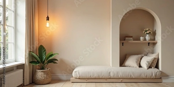 Fototapeta Serene Minimalist Interior Design Featuring a Built-in Nook with a Comfortable Daybed and Natural Elements