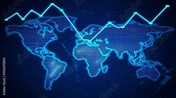 Fototapeta Global network graph showing fluctuating growth across continents.