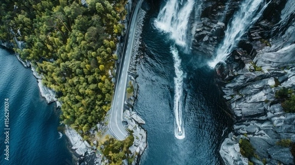 Obraz Drone panoramic photo of the car driving through picturesque road above the huge waterfall near the fjord in South Norway