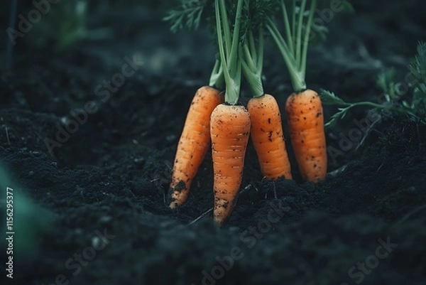 Fototapeta Bunches of fresh carrots on the ground in the vegetable garden.
