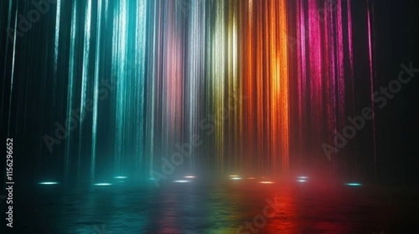 Fototapeta Abstract Neon Rain Vibrant Multicolored Light Streaks Falling onto Reflective Surface, Futuristic Digital Art Background