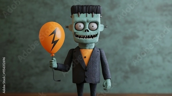 Fototapeta Charming 3D Frankenstein Monster Character Holding an Orange Balloon with Lightning Symbol, Perfect for Halloween Themes, Illustrations, and Creative Projects