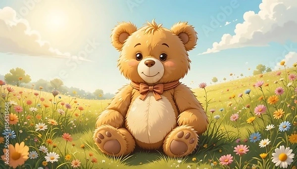 Fototapeta Endearing Teddy Bear with Classic Charm, Cartoon-Style Illustration in Nature
