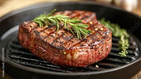 Obraz Steak serve idea. Juicy grilled steak with fresh herbs on a sizzling grill pan.