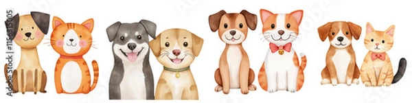 Fototapeta World spay day element, Cute cartoon dog and cat characters with smiley faces and vibrant colors, isolated on transparent background.