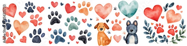 Fototapeta World spay day element, Watercolor paw prints and hearts with cute dogs and foliage, isolated on transparent background.