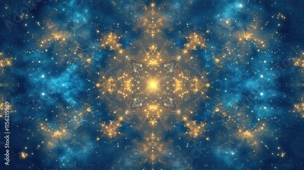 Fototapeta Celestial Kaleidoscope Golden Nebula and Blue Cosmic Dust in a Symmetrical Starfield Pattern - Abstract Space Background
