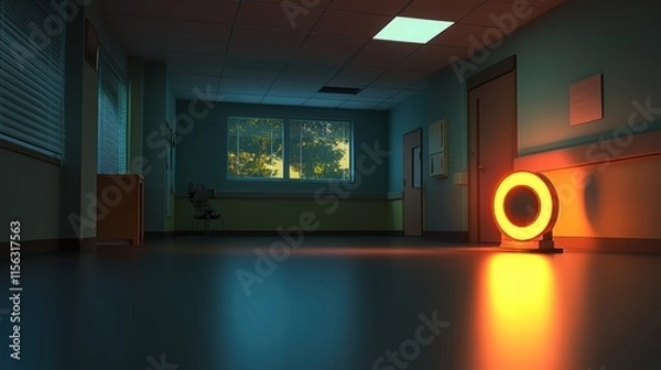 Fototapeta Orange Light Source Illuminates Empty Hospital Corridor at Dusk