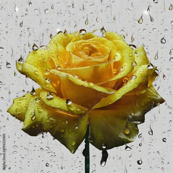 Obraz A yellow rose adorned with glistening rain droplets.