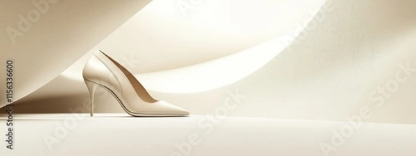 Fototapeta A minimalist image of a beige high-heeled shoe against soft, curved backgrounds.