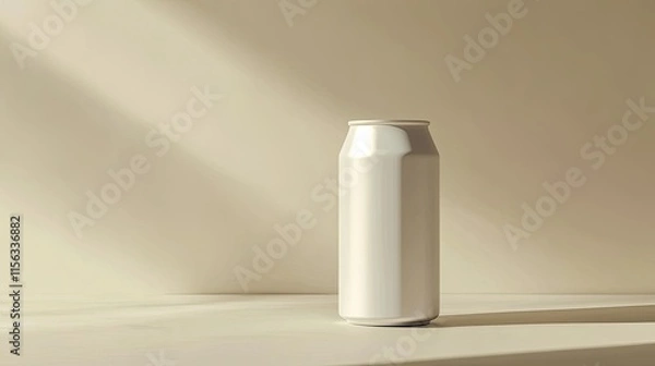 Fototapeta A clean, minimalist white beverage can mockup placed on a neutral beige background with a soft shadow, perfect for branding