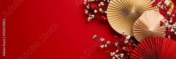 Obraz Intricate red and cream paper fans, delicately placed in a corner with a large center space, contrasting with a red background.