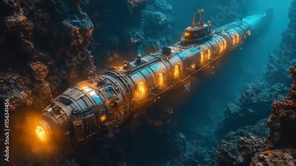 Fototapeta A futuristic submarine exploring an underwater environment with glowing accents.