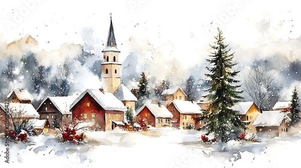 Obraz watercolor painting depicting a quaint winter village scene features a cluster of charming, snow covered houses with steep roofs, painted in warm tones of red, brown, and beige