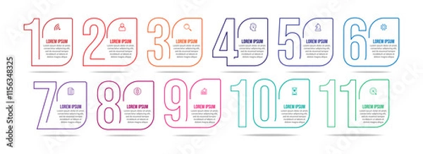 Fototapeta infographic business design for your presentation with 11 sections containing icons, numbers, directions and colors