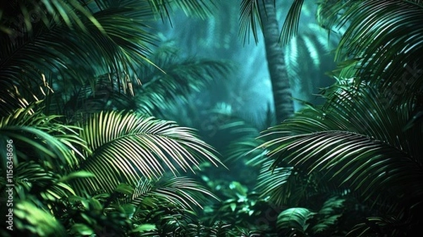 Obraz Greenery palms idea. Lush green tropical jungle with vibrant foliage and soft light filtering through leaves.