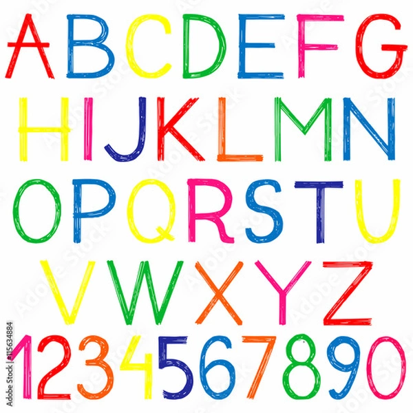 Obraz english alphabet and numbers doodle style sketch illustration hand drawn vector