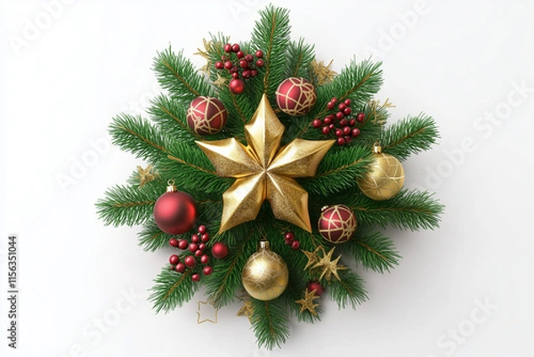 Fototapeta Christmas Tree Top View Festive Fir Tree Decoration with Ornaments Isolated on Transparent PNG or White Background